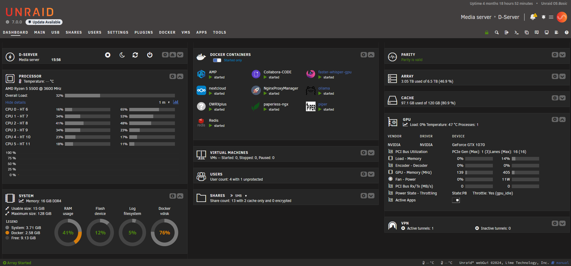 Screenshot von UNRAID